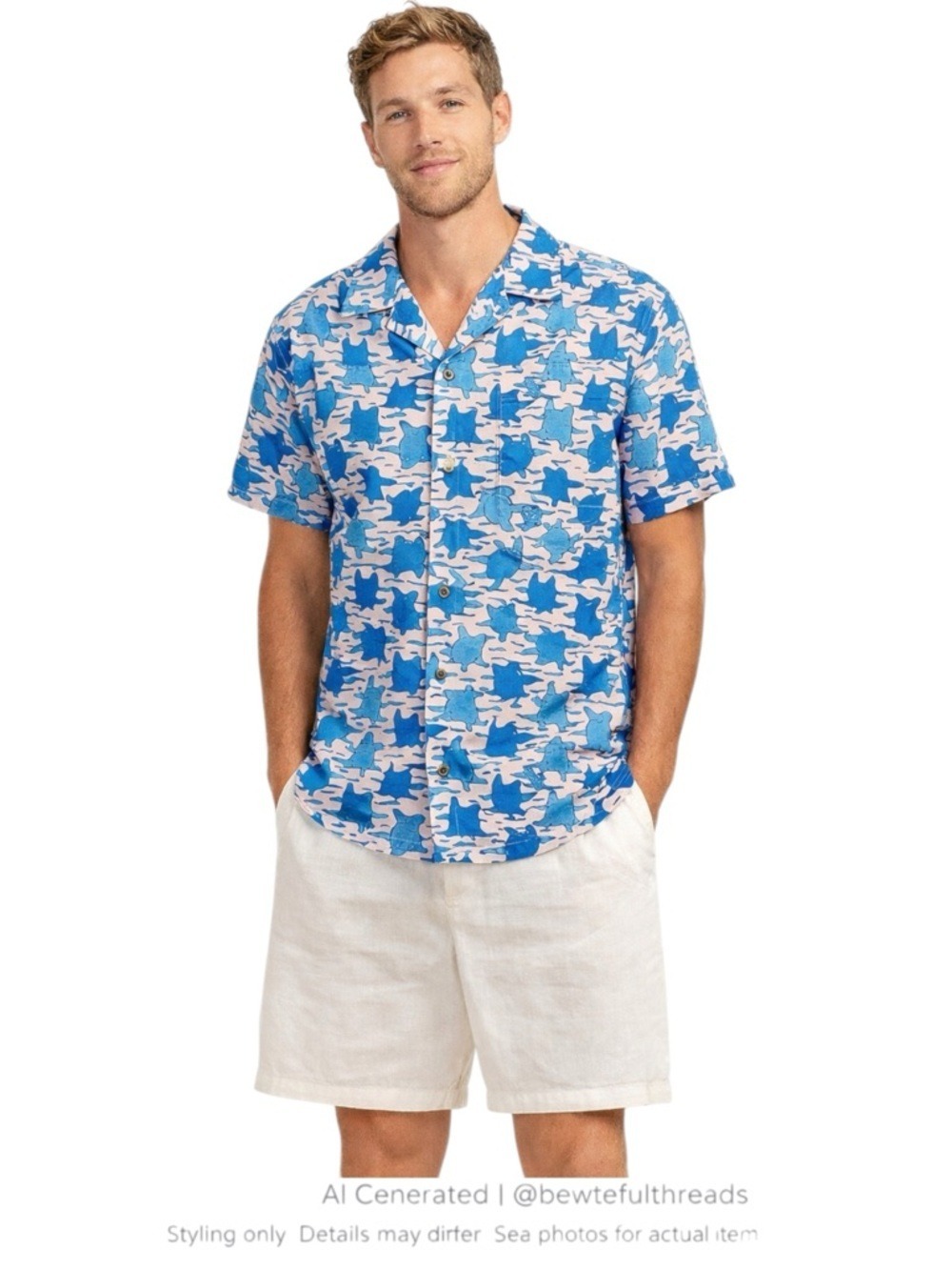 Blue Turtle Print Resort Shirt Coastal Vacation Button Up L